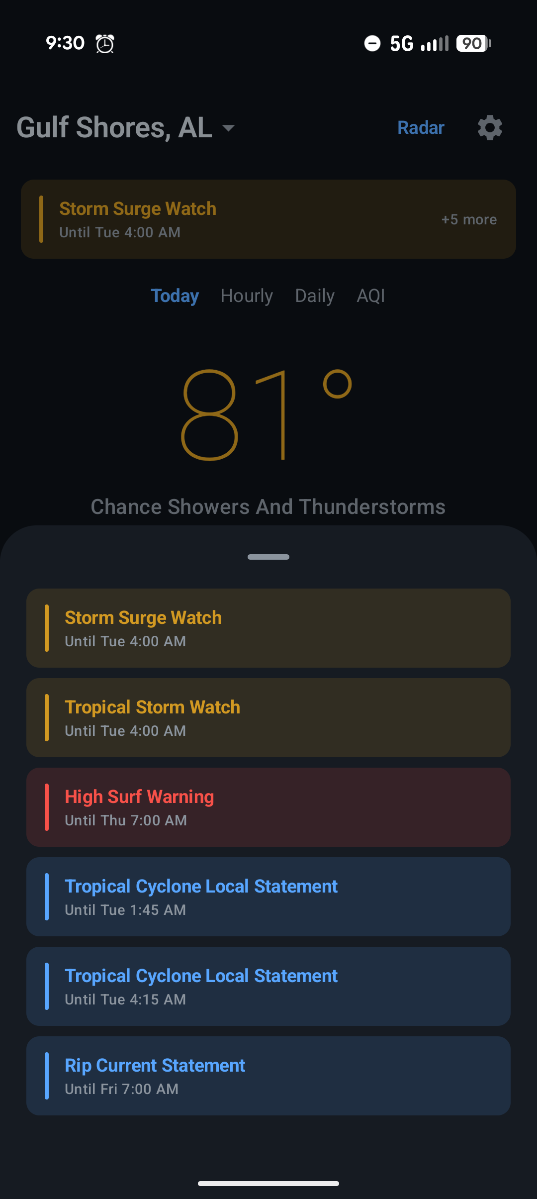 Alert list showing storm surge watch, tropical storm watch, high surf warning, and more