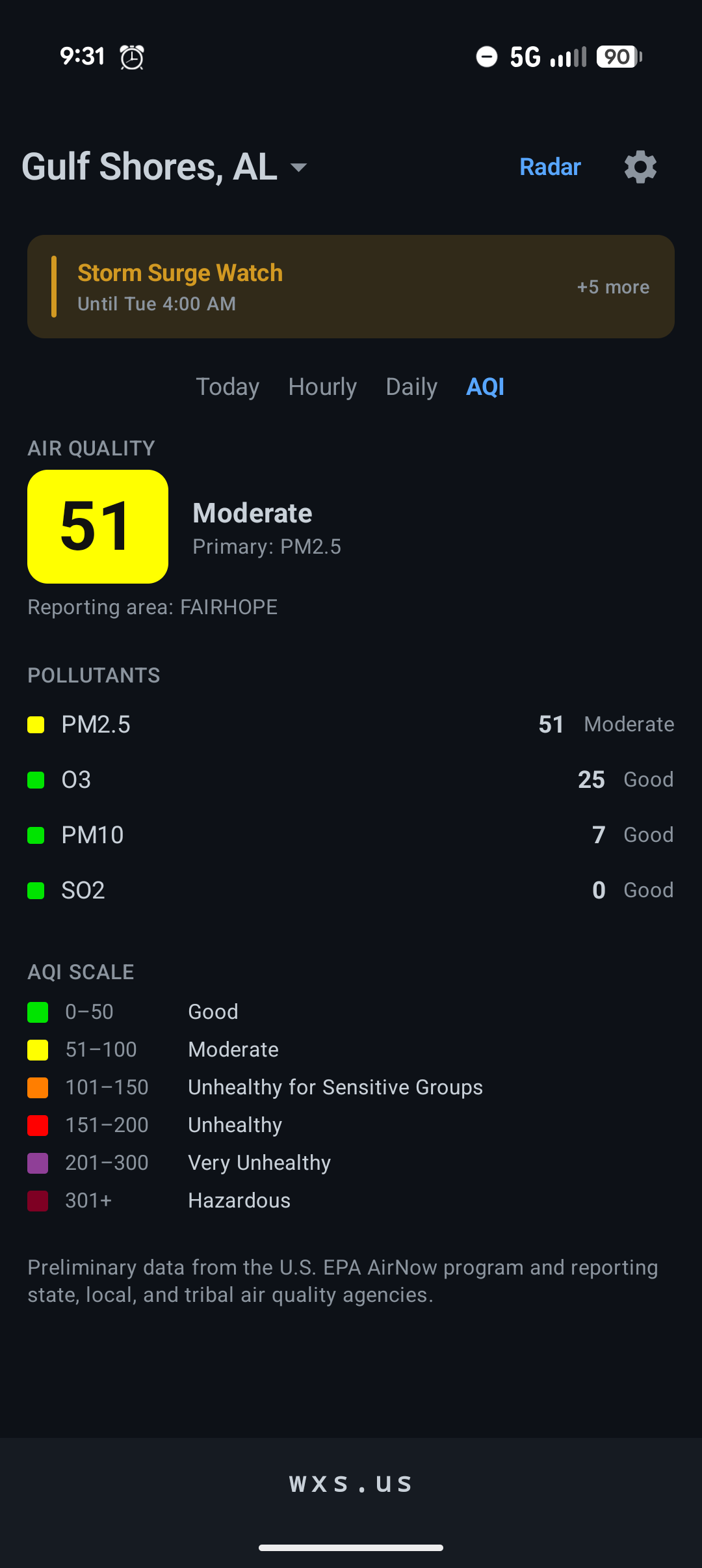 Air quality page with AQI value, pollutant breakdown, and scale