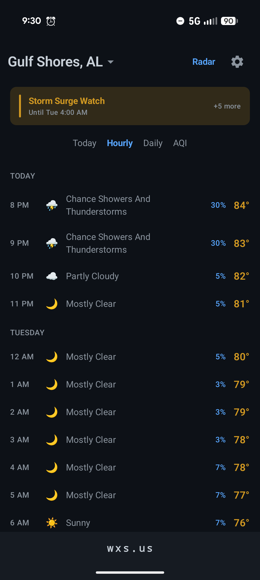 Hourly forecast list with conditions, rain chances, and temperatures