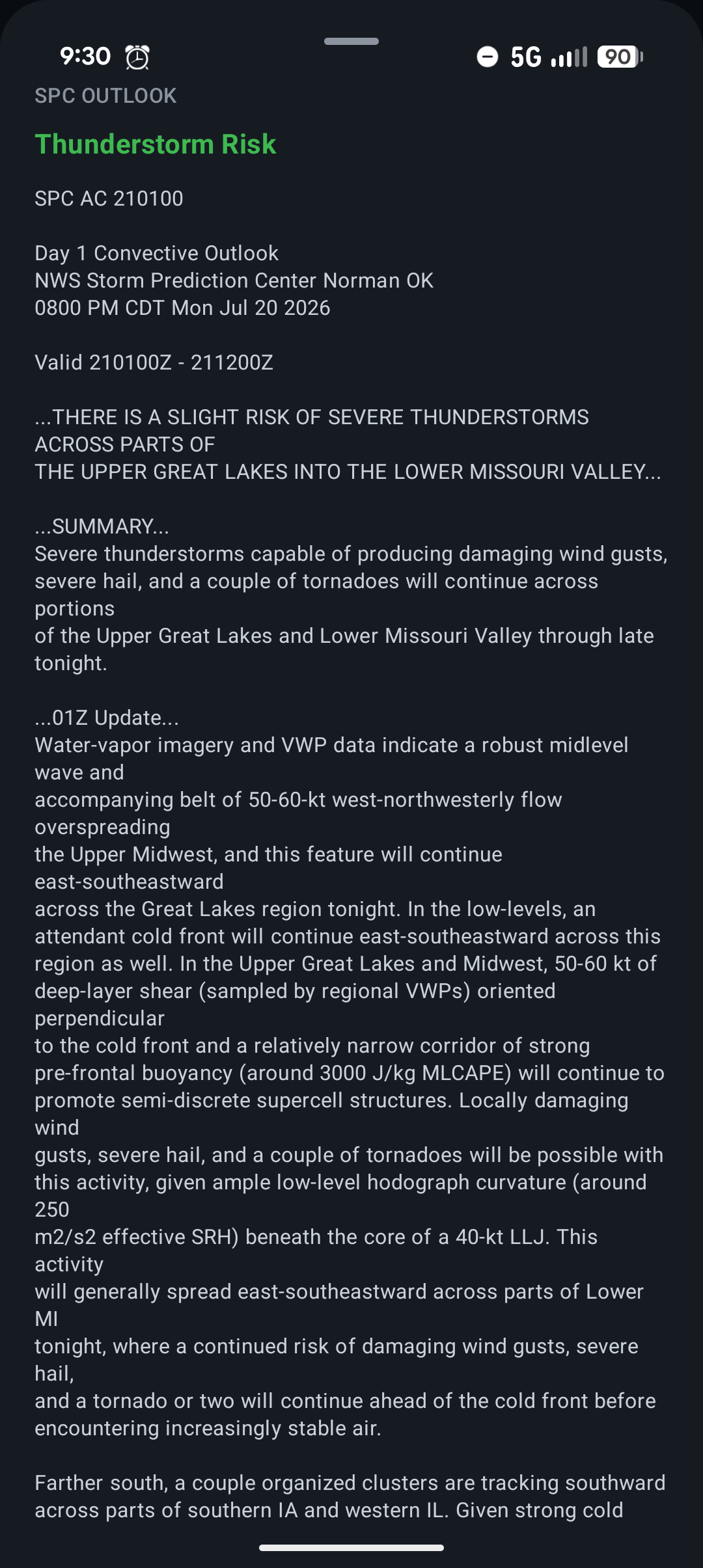 Storm Prediction Center outlook text shown in the app