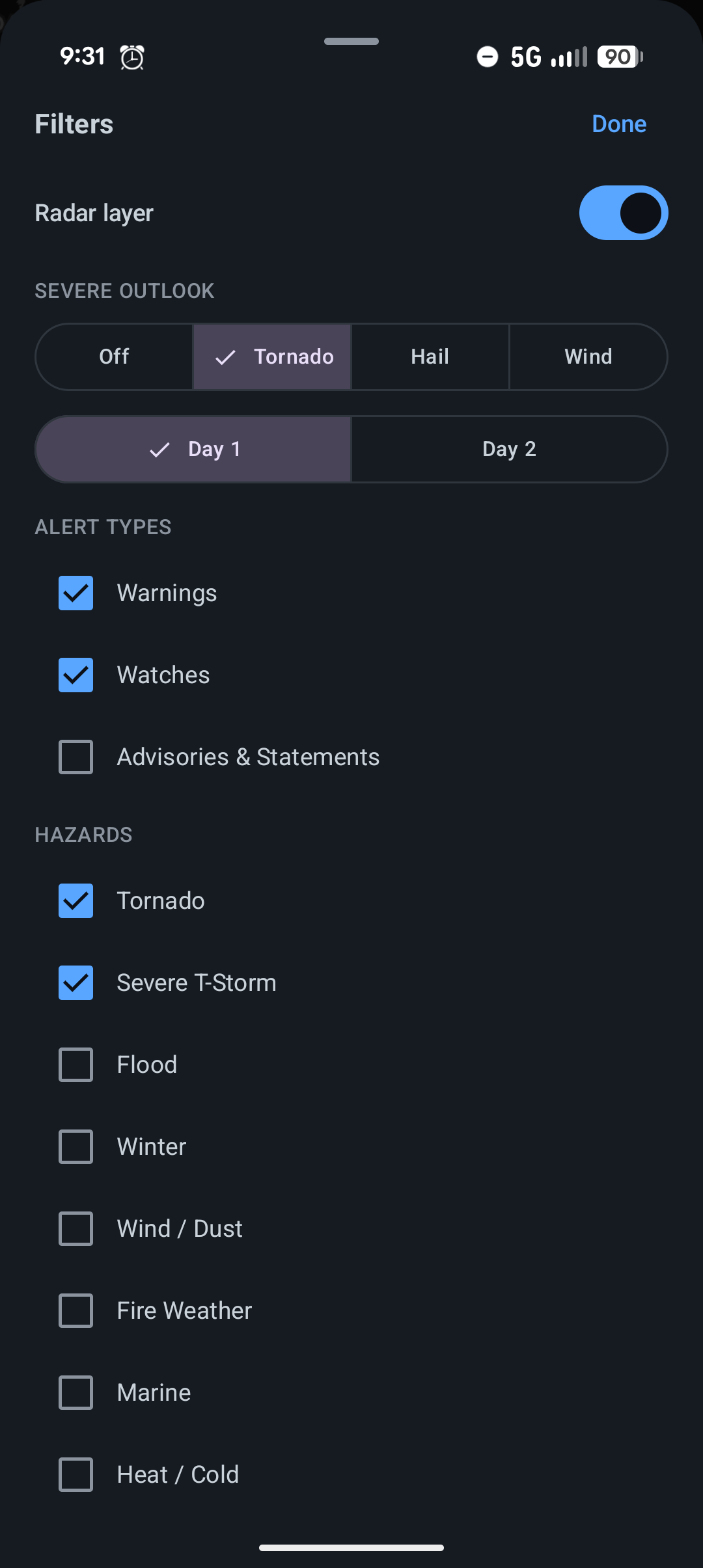 Radar filter settings for outlooks, alert types, and hazards