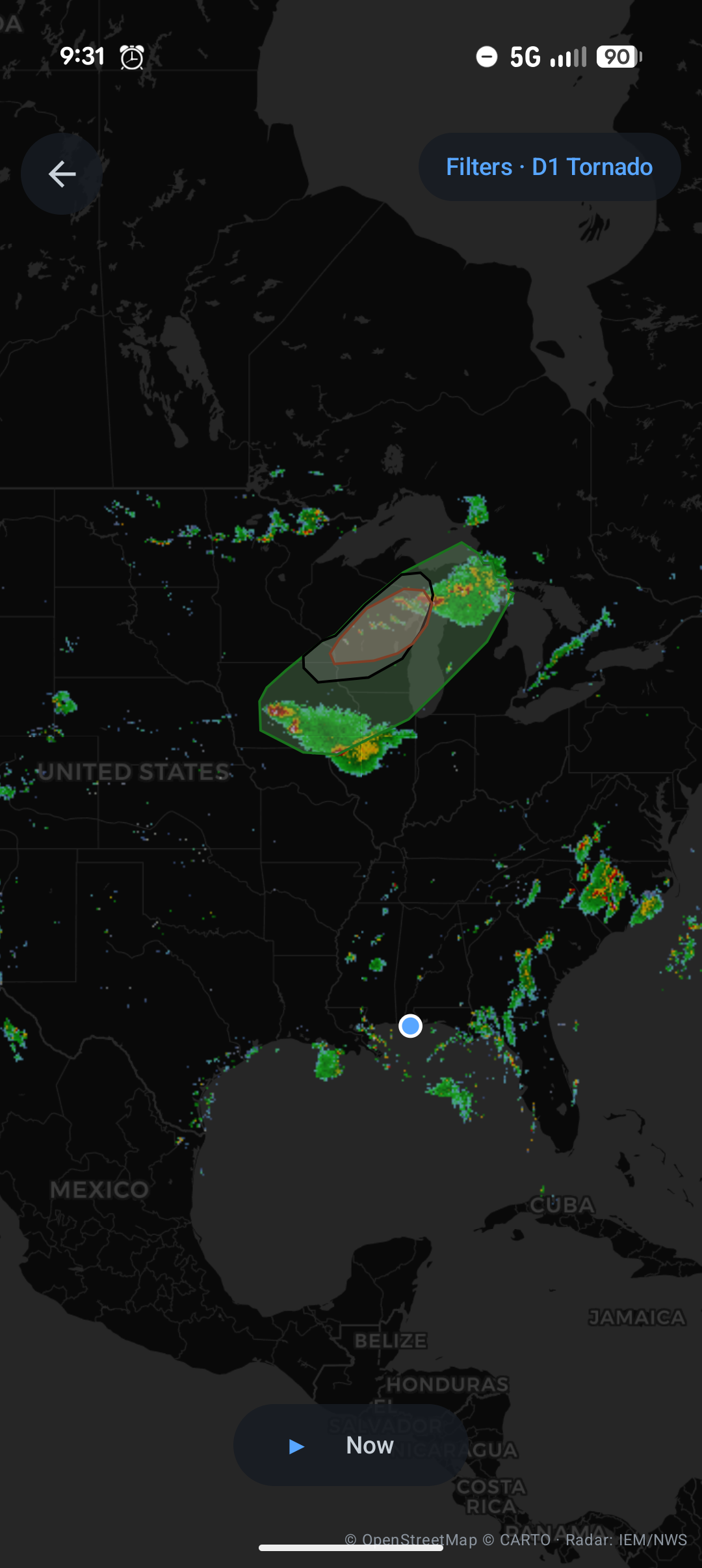 Radar map of the United States with storms and a tornado outlook area highlighted
