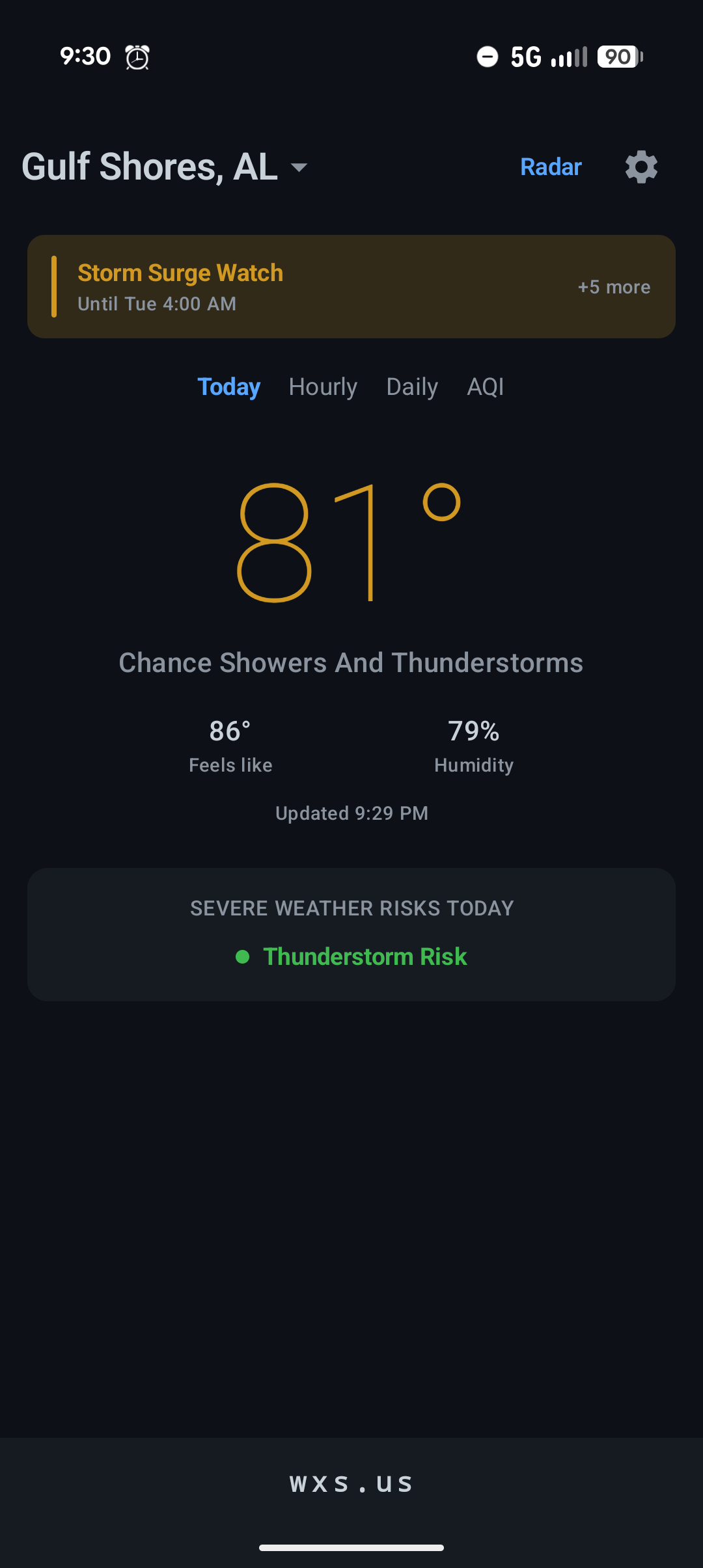 Today screen with current temperature, conditions, active alert banner, and severe weather risk