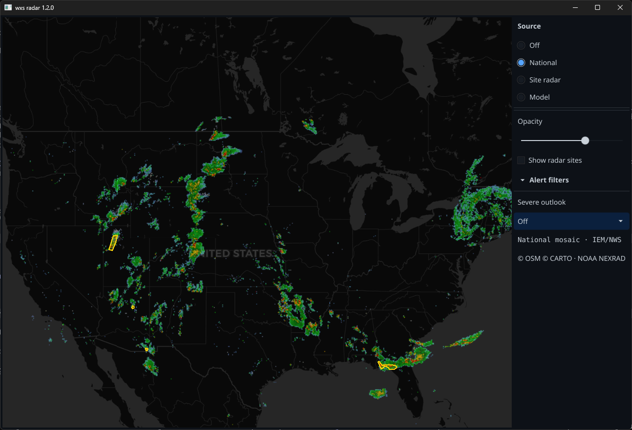 Desktop app showing the national radar mosaic over the United States with warning polygons drawn