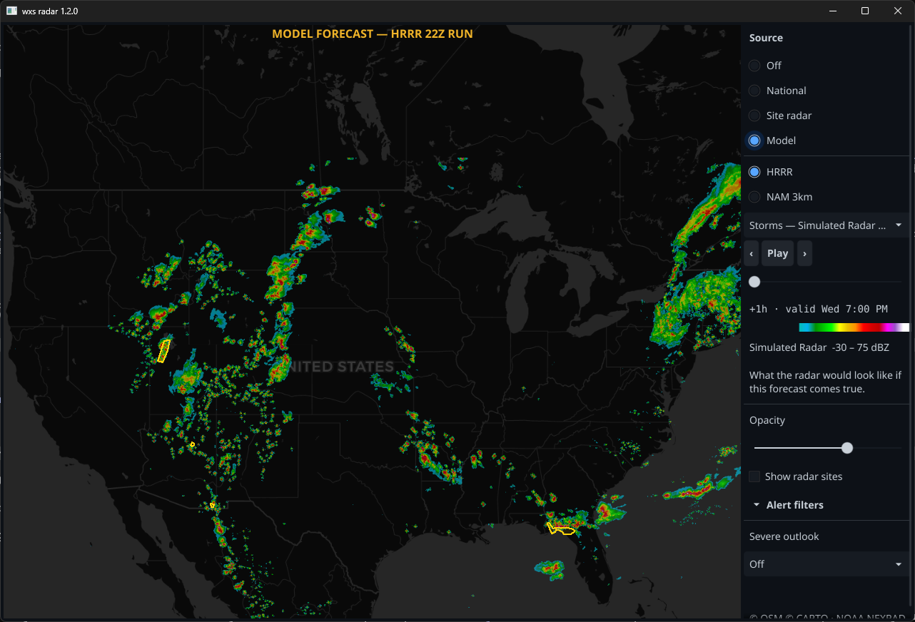 Desktop app playing an HRRR forecast run as simulated radar