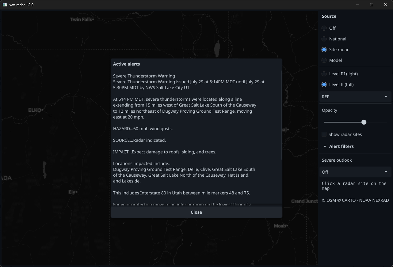 Desktop app showing the full text of a severe thunderstorm warning