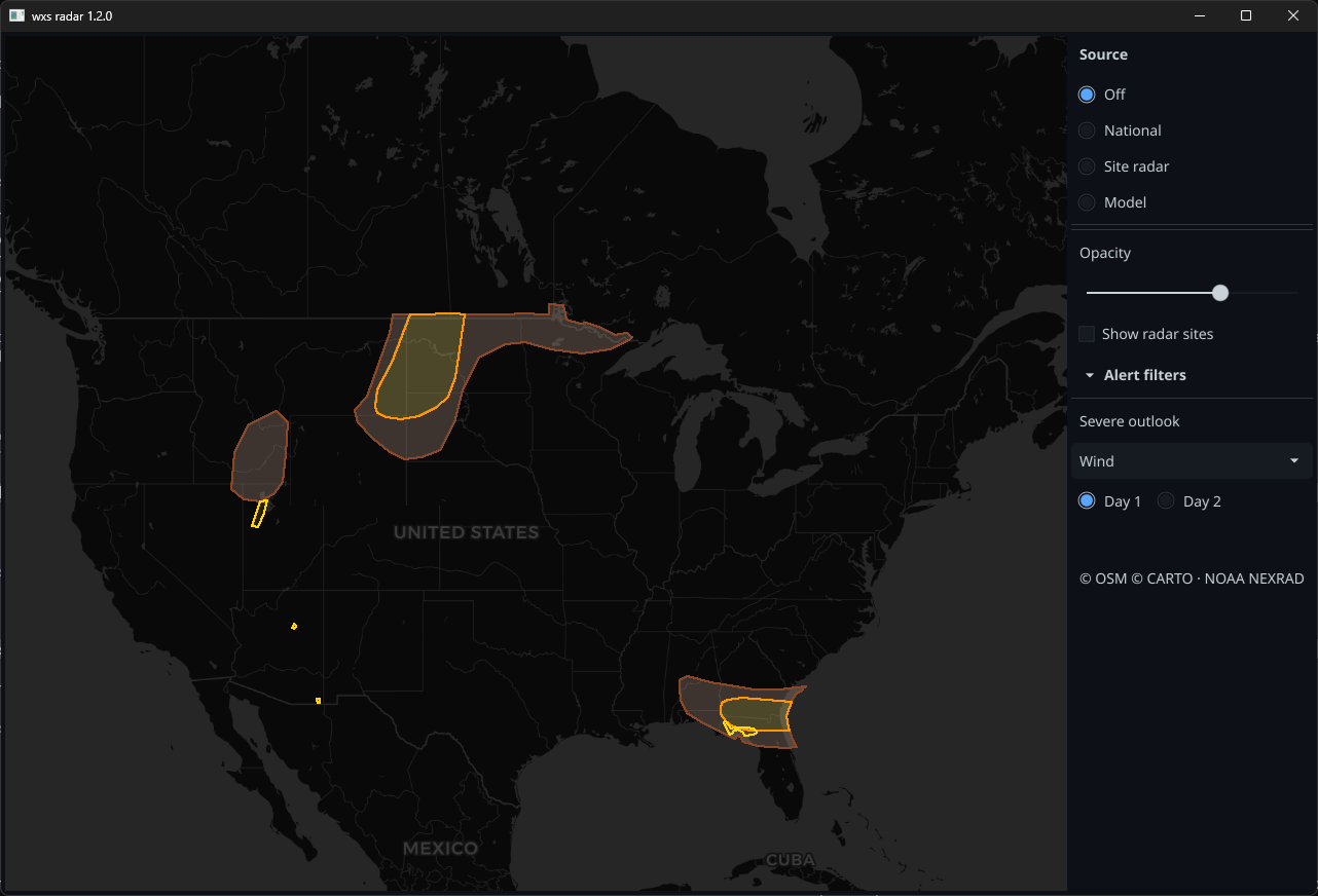 Desktop app showing the Storm Prediction Center wind outlook areas