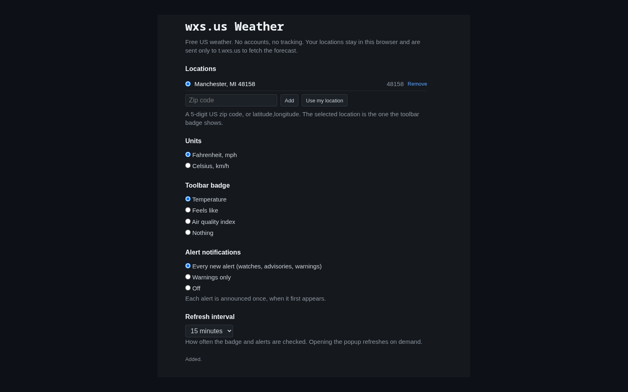 Extension settings page with saved locations, units, toolbar badge choice, alert notifications, and refresh interval
