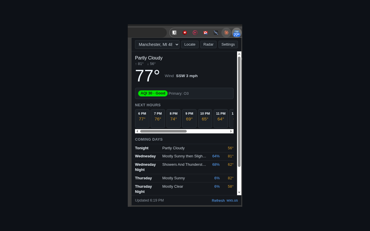 Extension popup showing current conditions, air quality, the next hours, and the coming days for a saved place