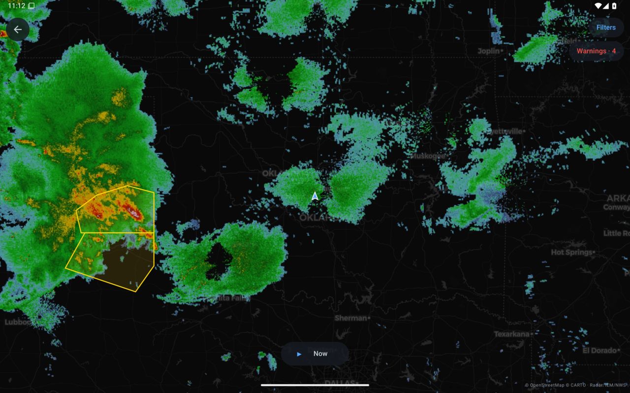 Tablet radar map with storms over Oklahoma and severe thunderstorm warning polygons drawn