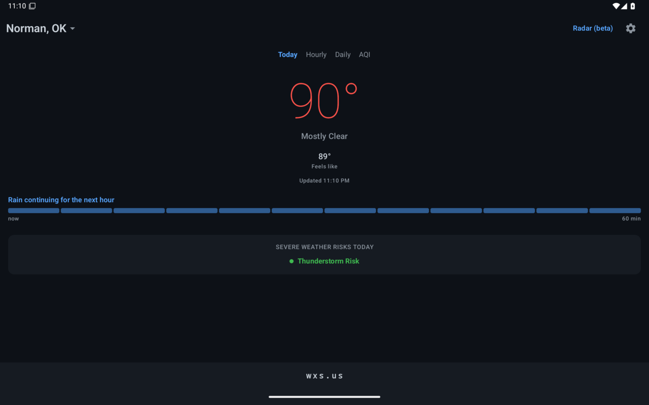 Tablet Today screen with a large current temperature, feels-like, a next-hour rain bar, and the day's severe weather risk